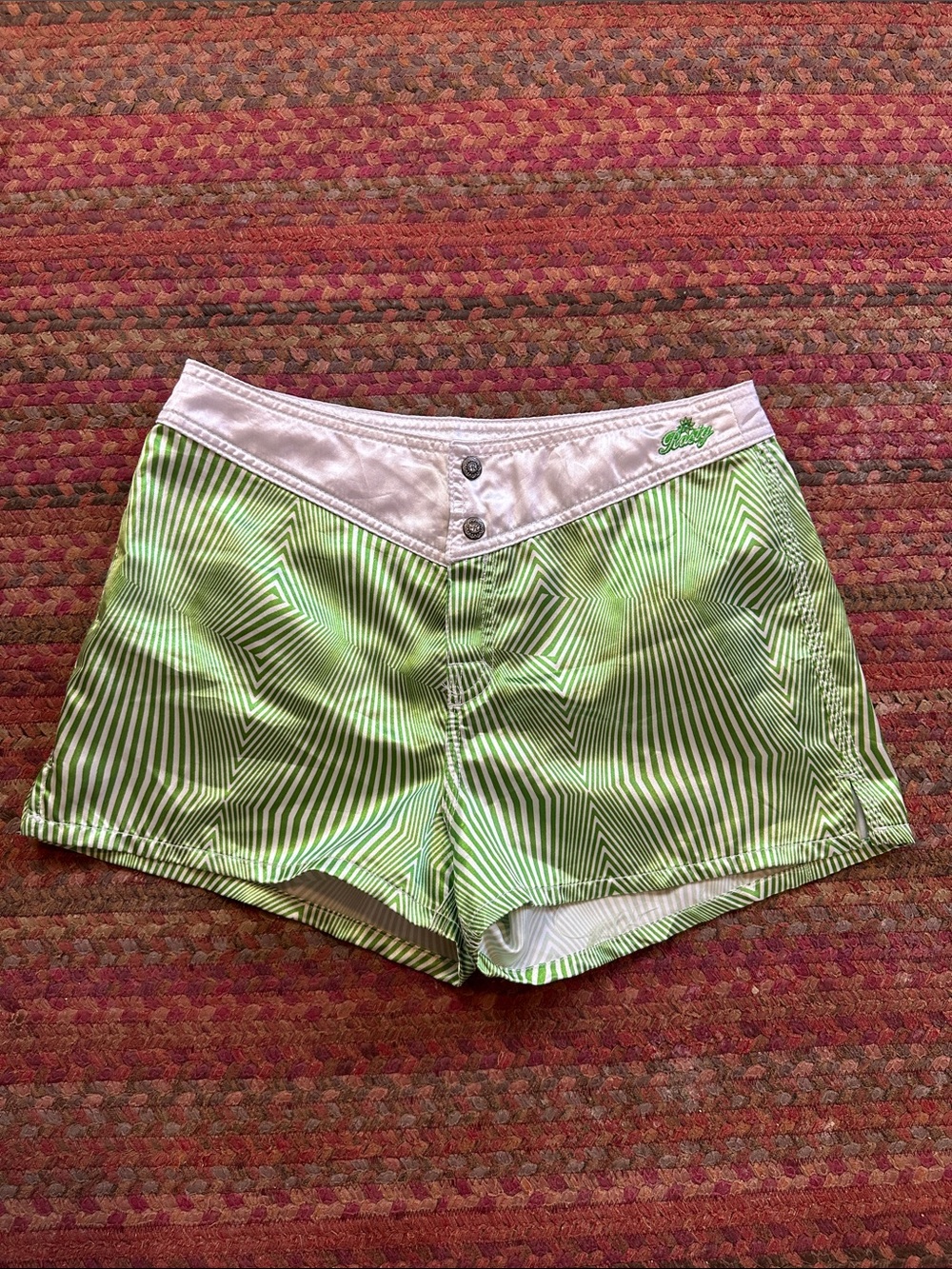 VTG RUSTY GREEN STRIPE PSYCHADELIC BOARD SHORTS SHINY HOT